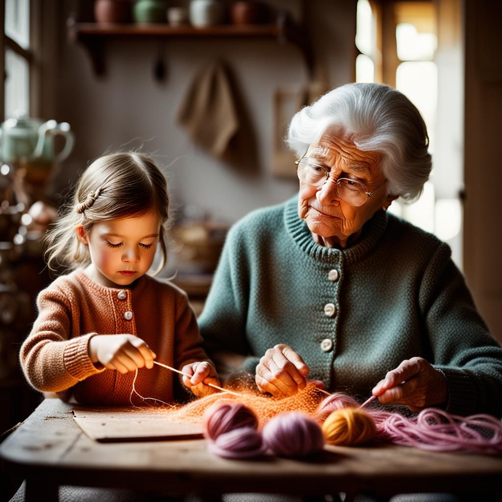 a grandmother teaches her granddaughter to knit warm colors ...