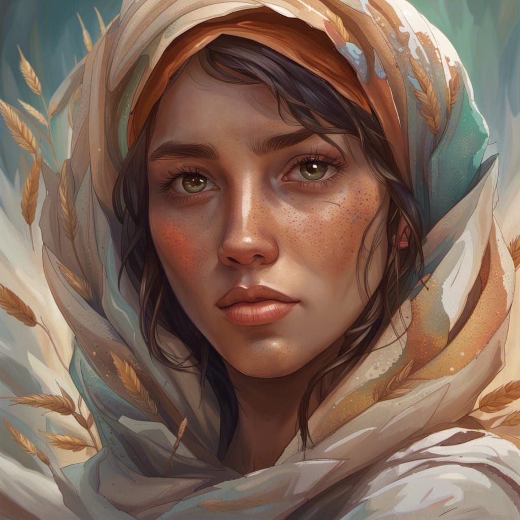 a wheat-skinned woman with large brown eyes and freckles, he...