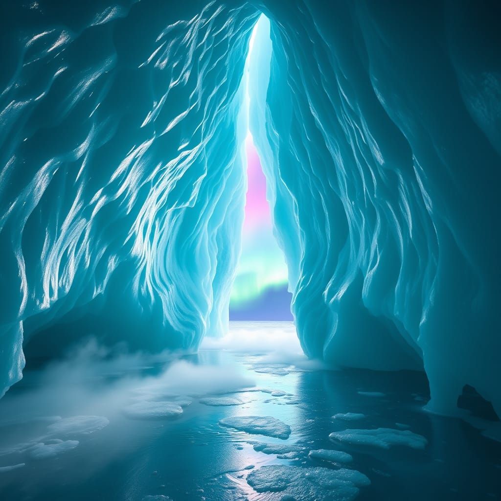 A breathtaking, glowing turquoise ice cave deep in the Arctic. Sunlight filters in from a narrow opening ...  by @Darkaka