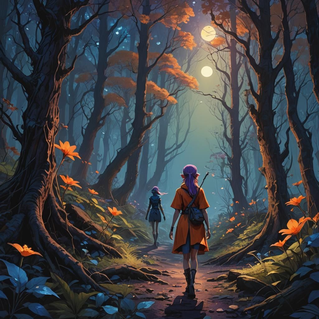 Elf in Dark Forest with Glowing Flower