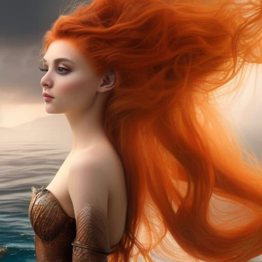 mythical mermaid, long brown hair, pearl orange mermaidtail,...