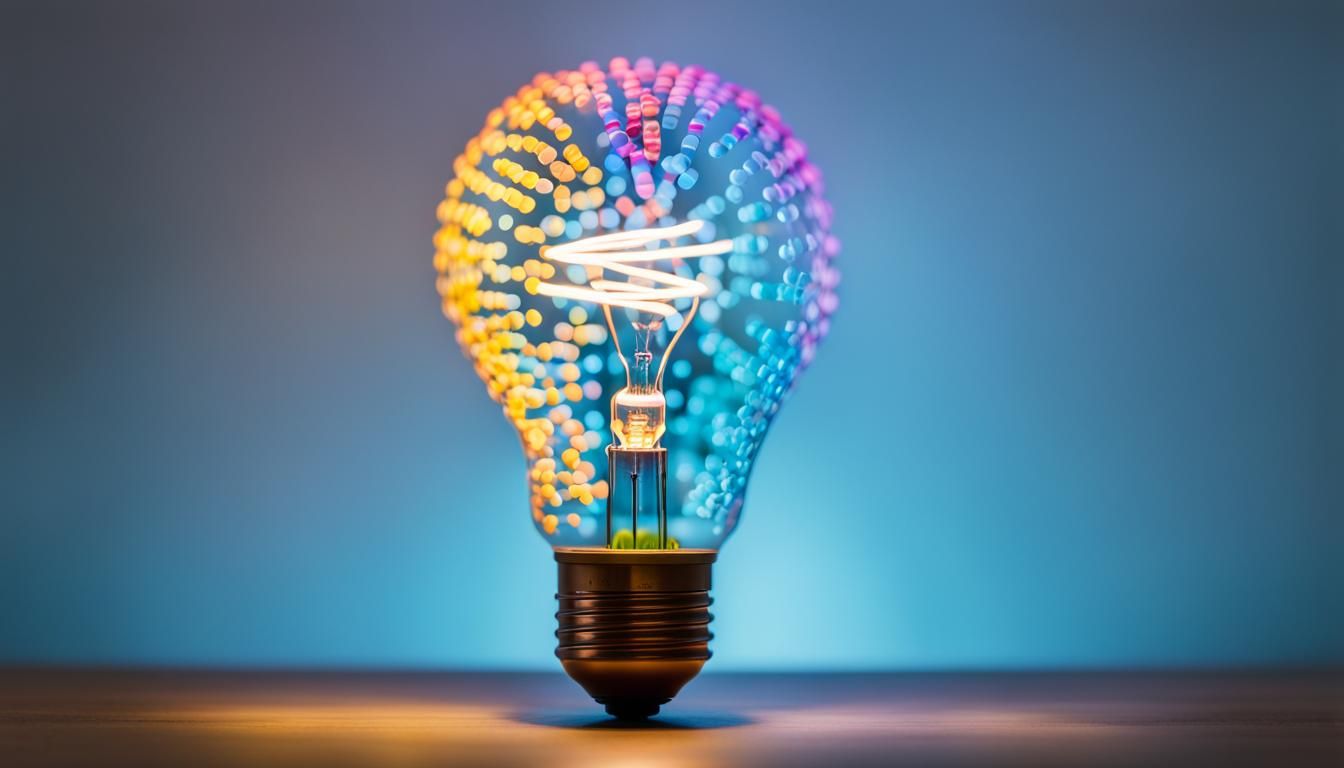 a colorful glowing idea bulb lamp, visualization of brainsto...