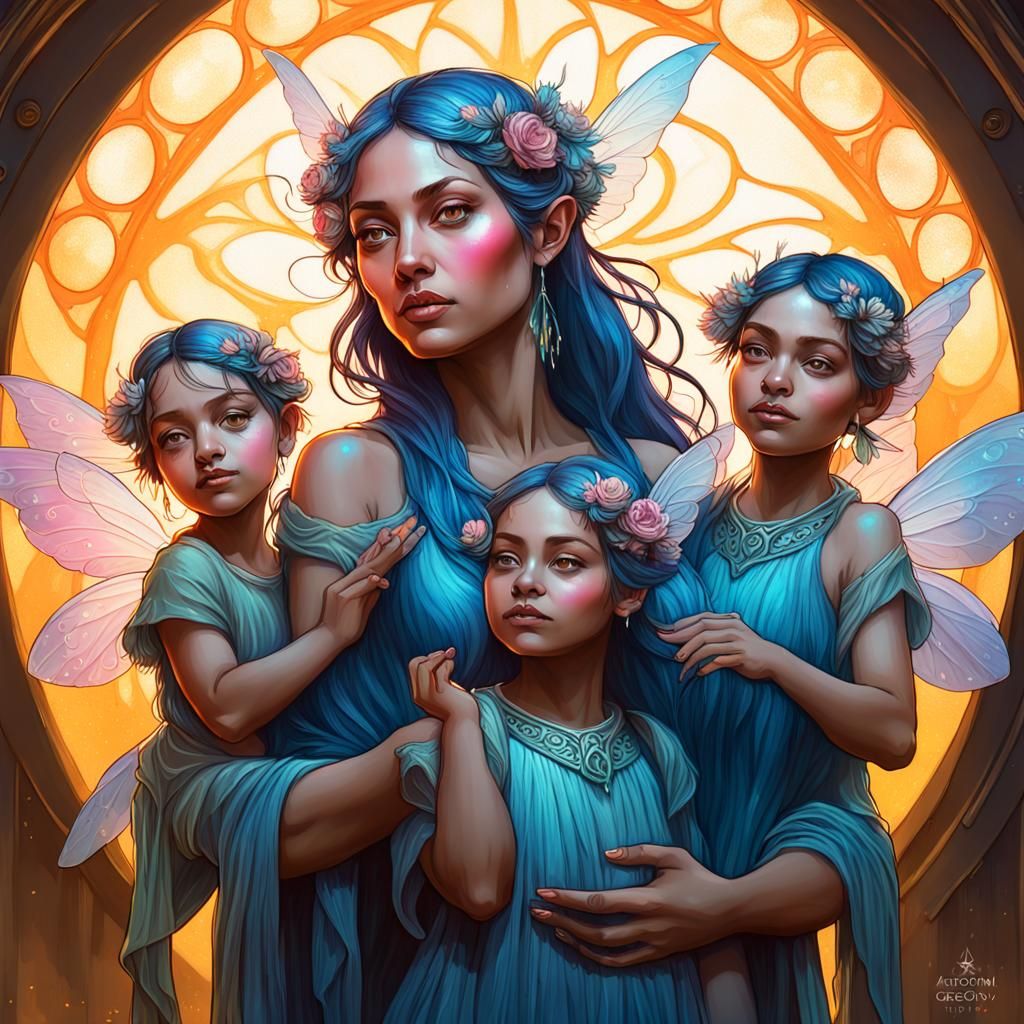 Beautiful mother fairy with three baby fairies head and shoulders
