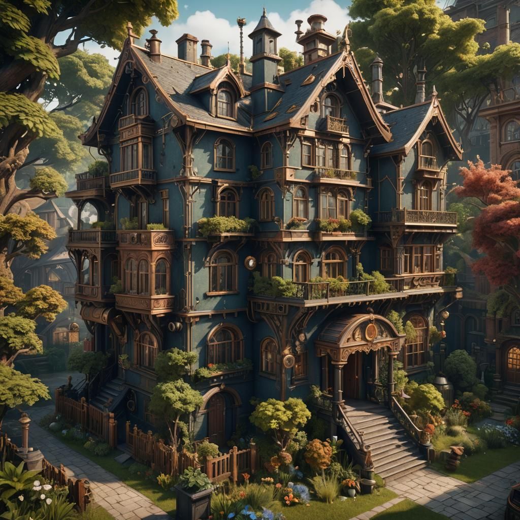 A house with a guest house next to it, surrounded by a garden in a steampunk world  by @Alvija