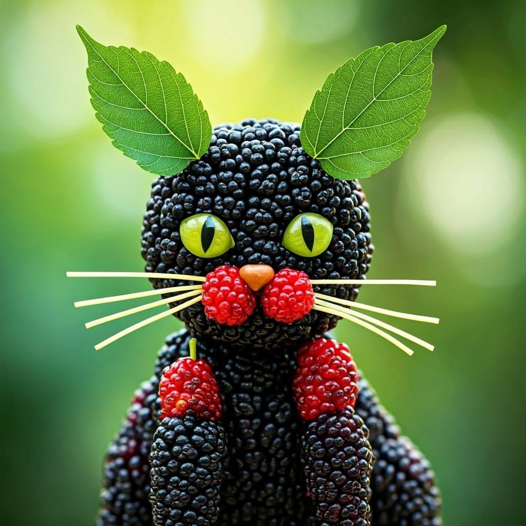 Vibrant Mulberry Cat with Delicate Leaf Ears in a Summer Gar...