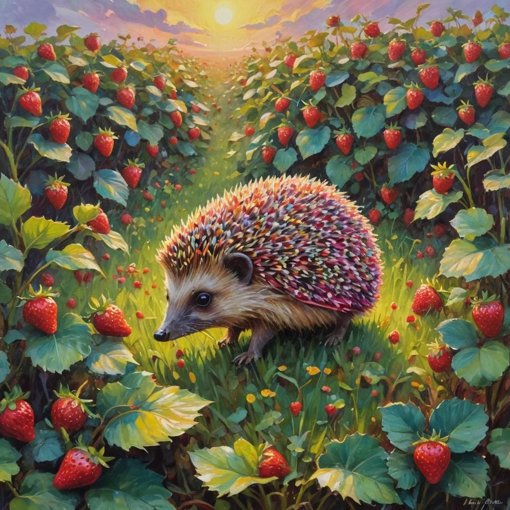 Fluorescent hedgehog on strawberry field 
Fluorescent colors...