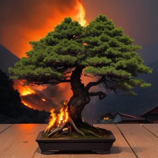 roaring wildfires burns down a bonsai village, fire, firelight, burn ...