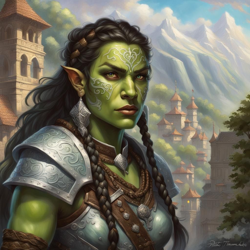 "beautiful (half-orc woman, green skin, green eyes, braids, ...