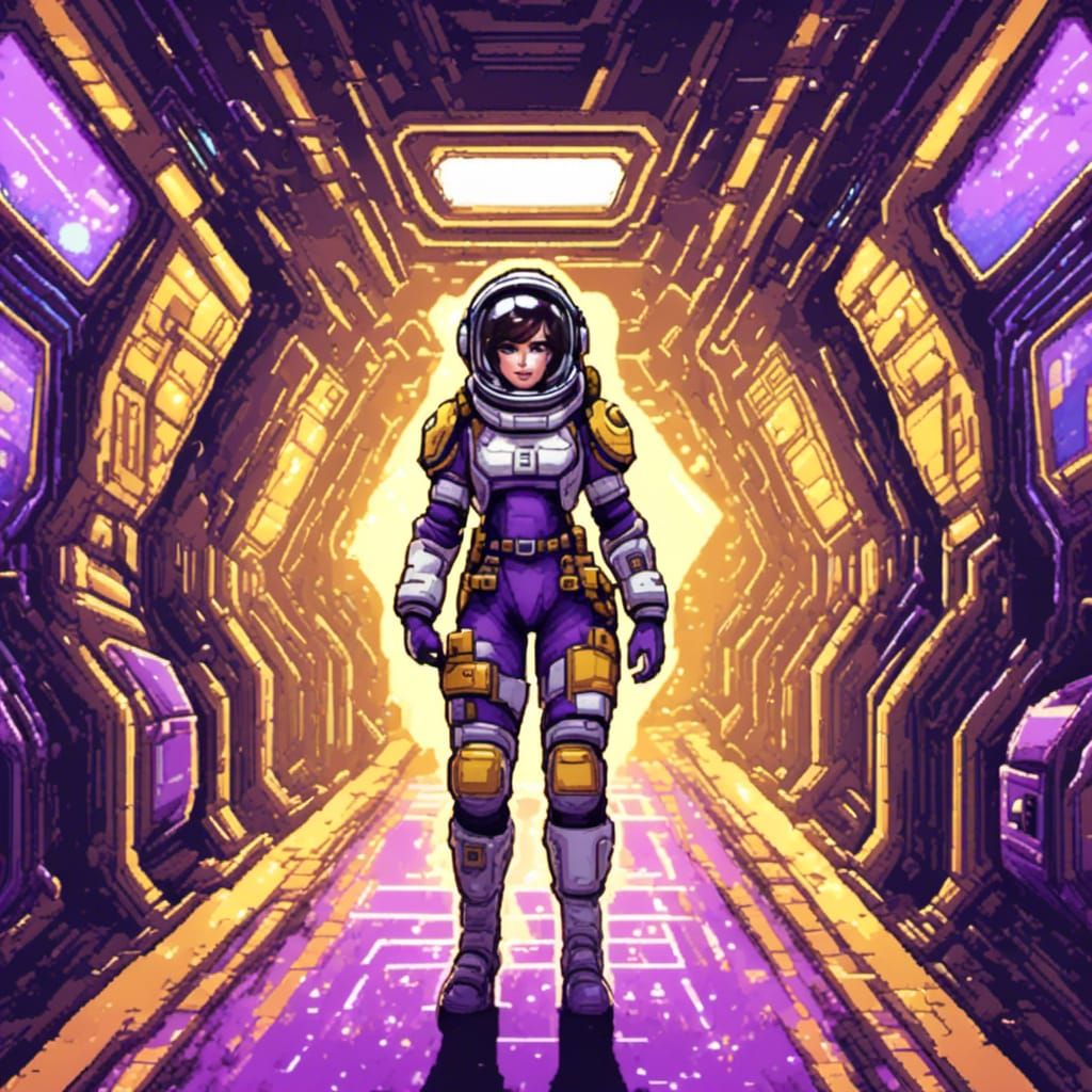 <lora:Coffee Pixel Craft:1.0>  Cosmic holographic full bosom short hair beautiful spacewoman, in purple and yellow_EMU spacesuit, in spacesh...