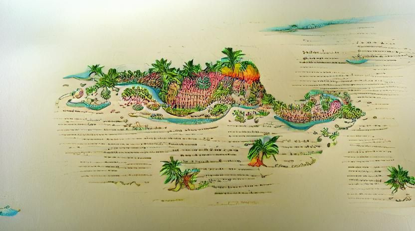 Detailed colored ink on paper, illustration of a tropical paradise island