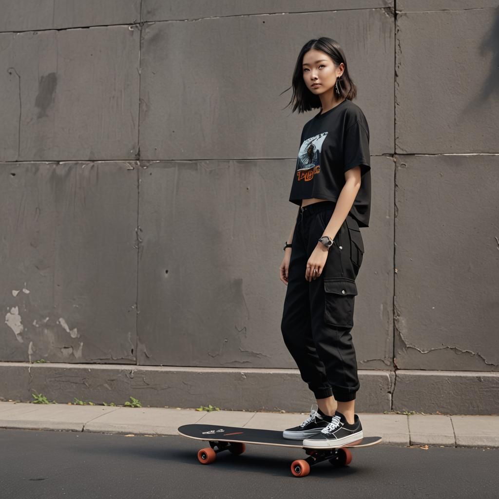 a girl in black baggy pants crop top on a skateboard