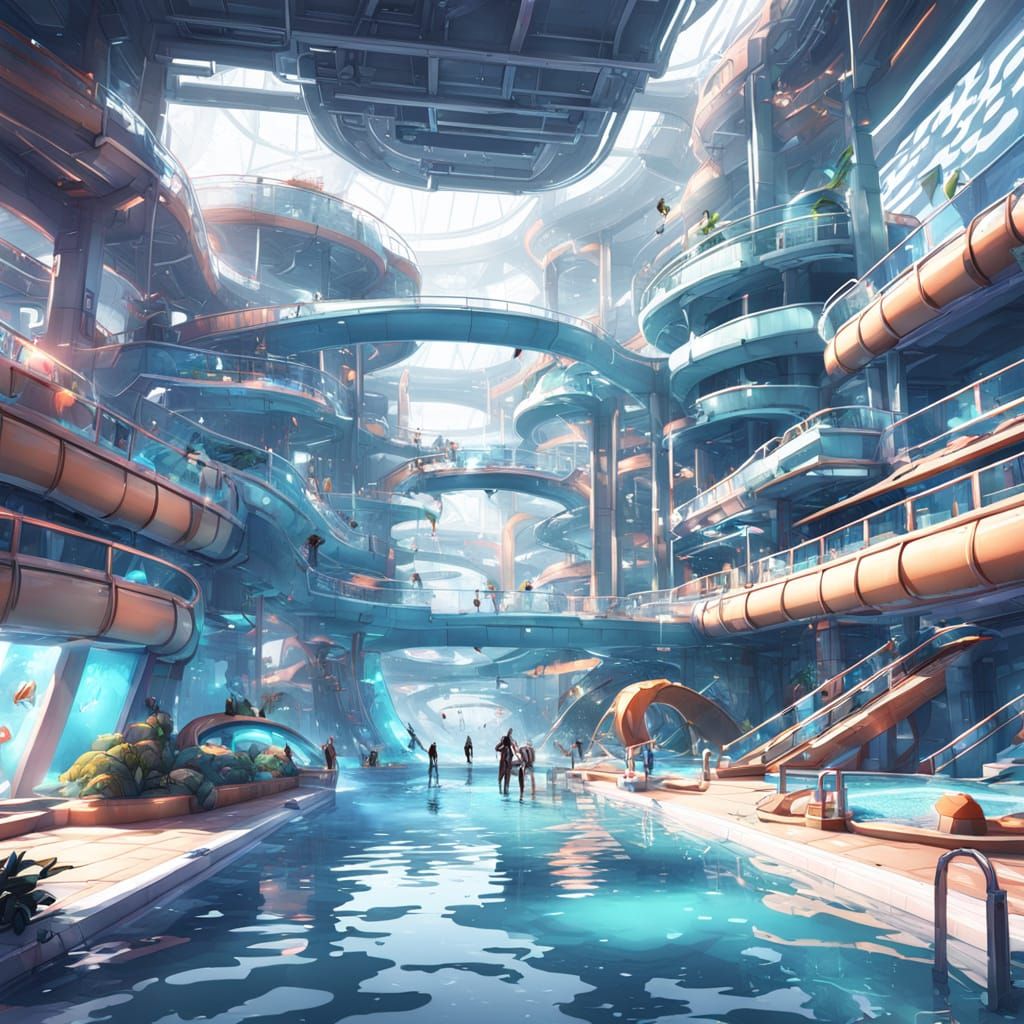 A futuristic indoor waterpark with futuristic pools and water slides