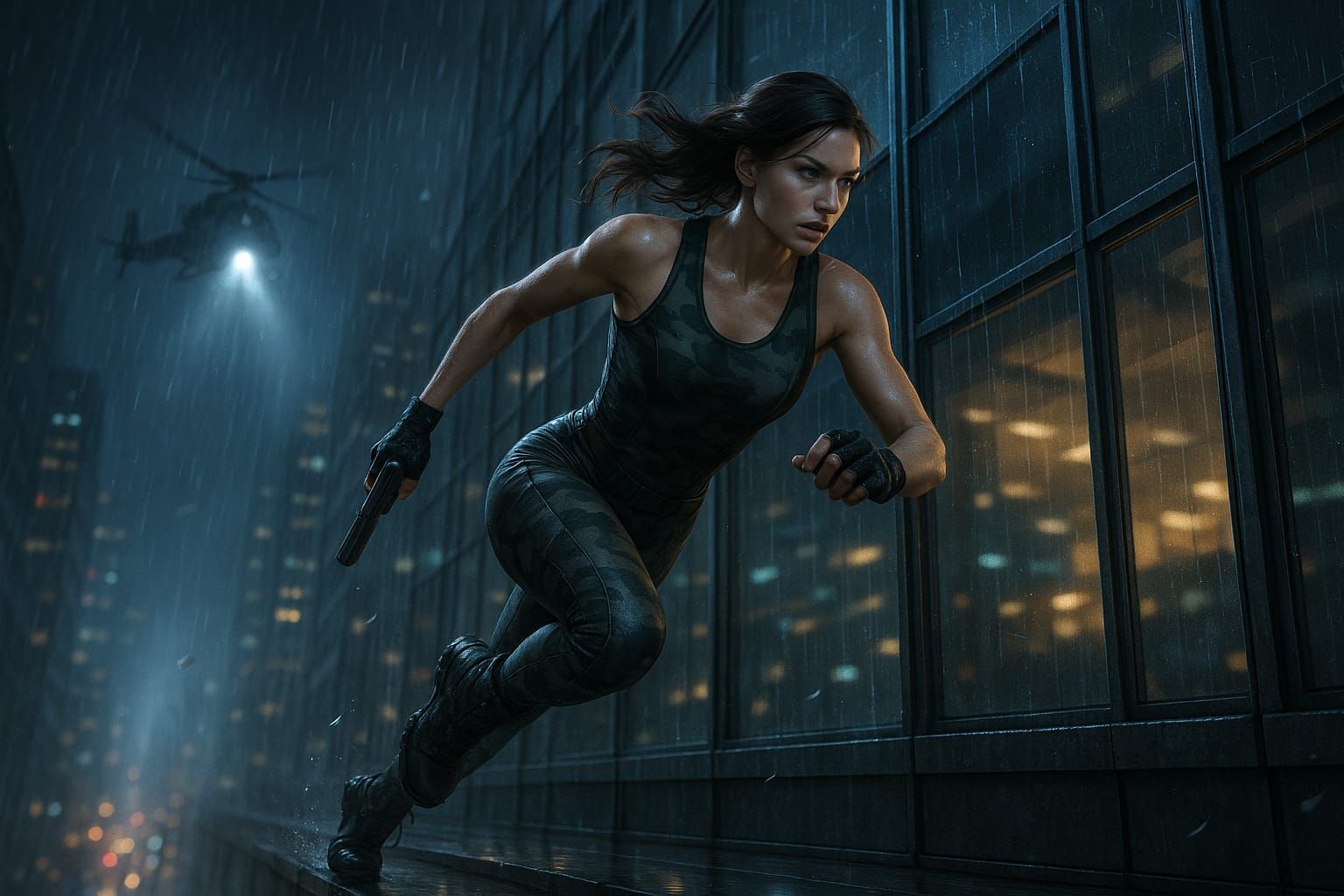 Action heroine runs along the ledge of a skyscraper