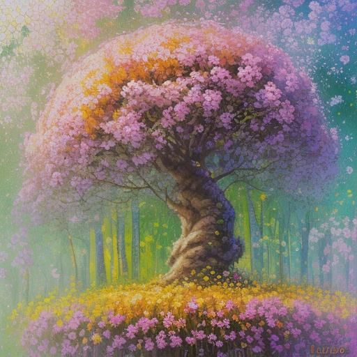 Blooming Forest Beehive in Expressionist Style