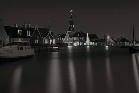 Noir cityscapes, A harbour view of de Hoofdtoren in the city of Hoorn ...