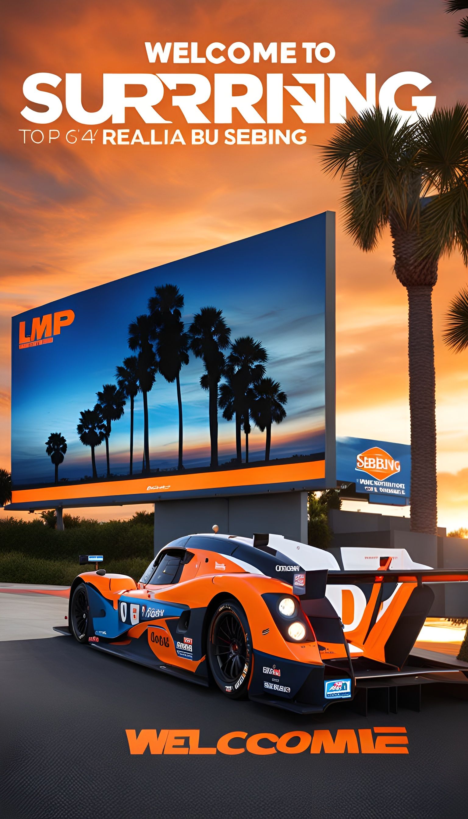 Hyperrealistic photo of a lmp2 orange and blue number outdoo...