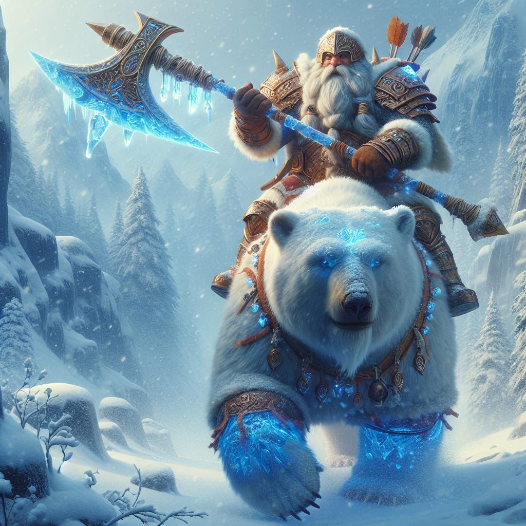 A highly detailed Hyper realistic image of a war dwarf riding a giant war polar bear through a snowy ...  by @Alex