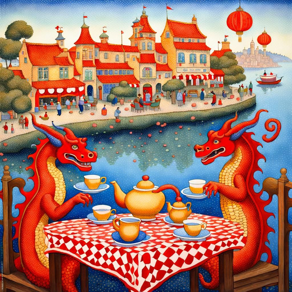 Pointillism  in the style of  Geoges Seurat, storybook illustration, highly detailed,  whimsical  fairytale seaside town,  three  red Chines...