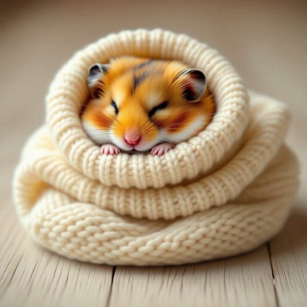 Photorealistic Golden Hamster Sleeping in Knitted Sock
