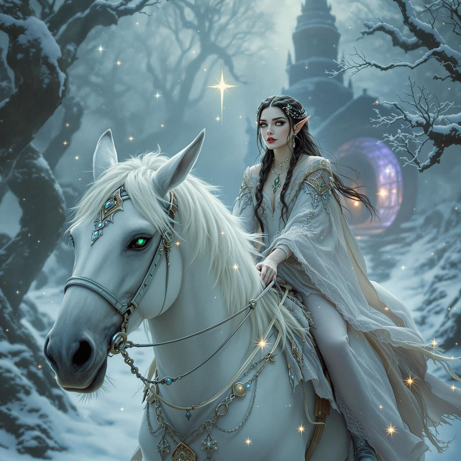 Mystical Elf Maiden Rides Majestic Pony into Winter's Twilig...