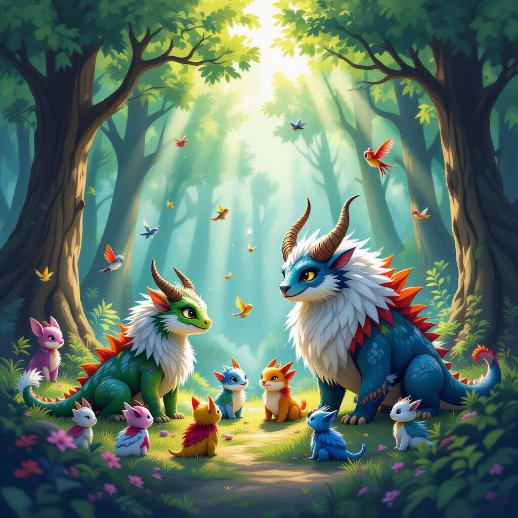 The image depicts a magical forest clearing with rays of sunlight filtering through the tall, dense trees. Within this clearing, there is an...