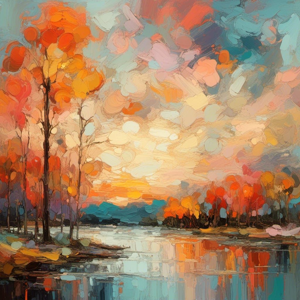 Expressionist Impasto Sunset Landscape with Geometric Buildi...