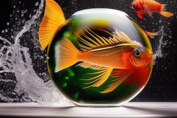 Dramatic Feral Goldfish in Fishbowl: Hyperrealistic Art