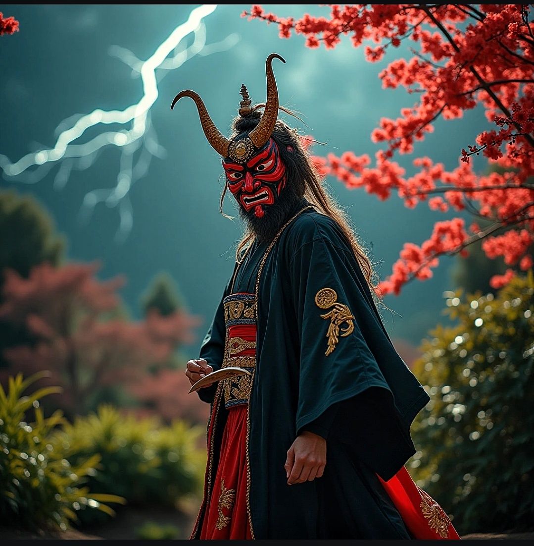 Traditional Japanese Noh theatre scene with actor wearing a ...