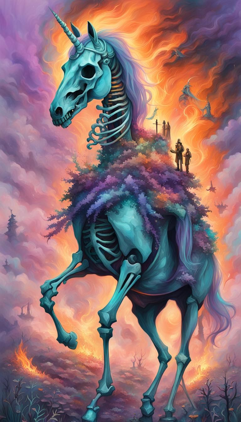 "Liberation" book unicorn skeleton  encampment creepy smoke ...