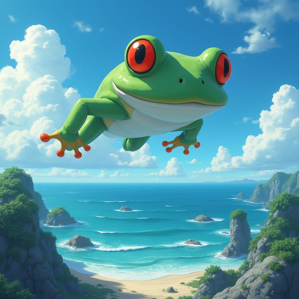 Whimsical Frog Soars Above Majestic Ocean
