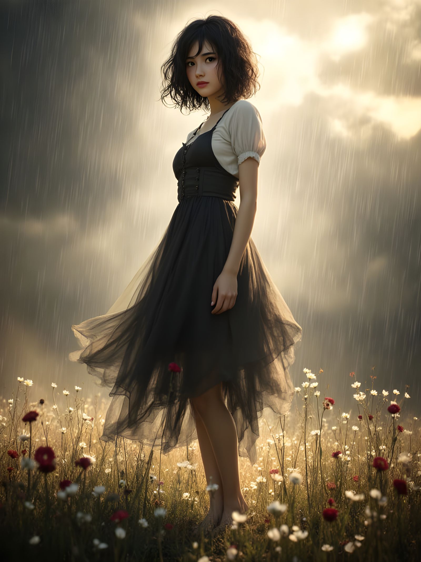 Sunlit Meadow Portrait of Lady in Earth-Toned Gothic Dress