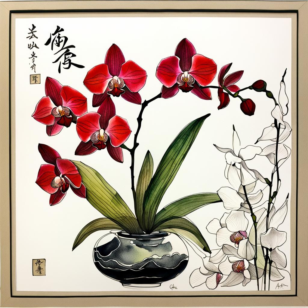 in the style of japanese ikebana, orchids, botanical pen and ink, alcohol inks  by @Lorebrarian