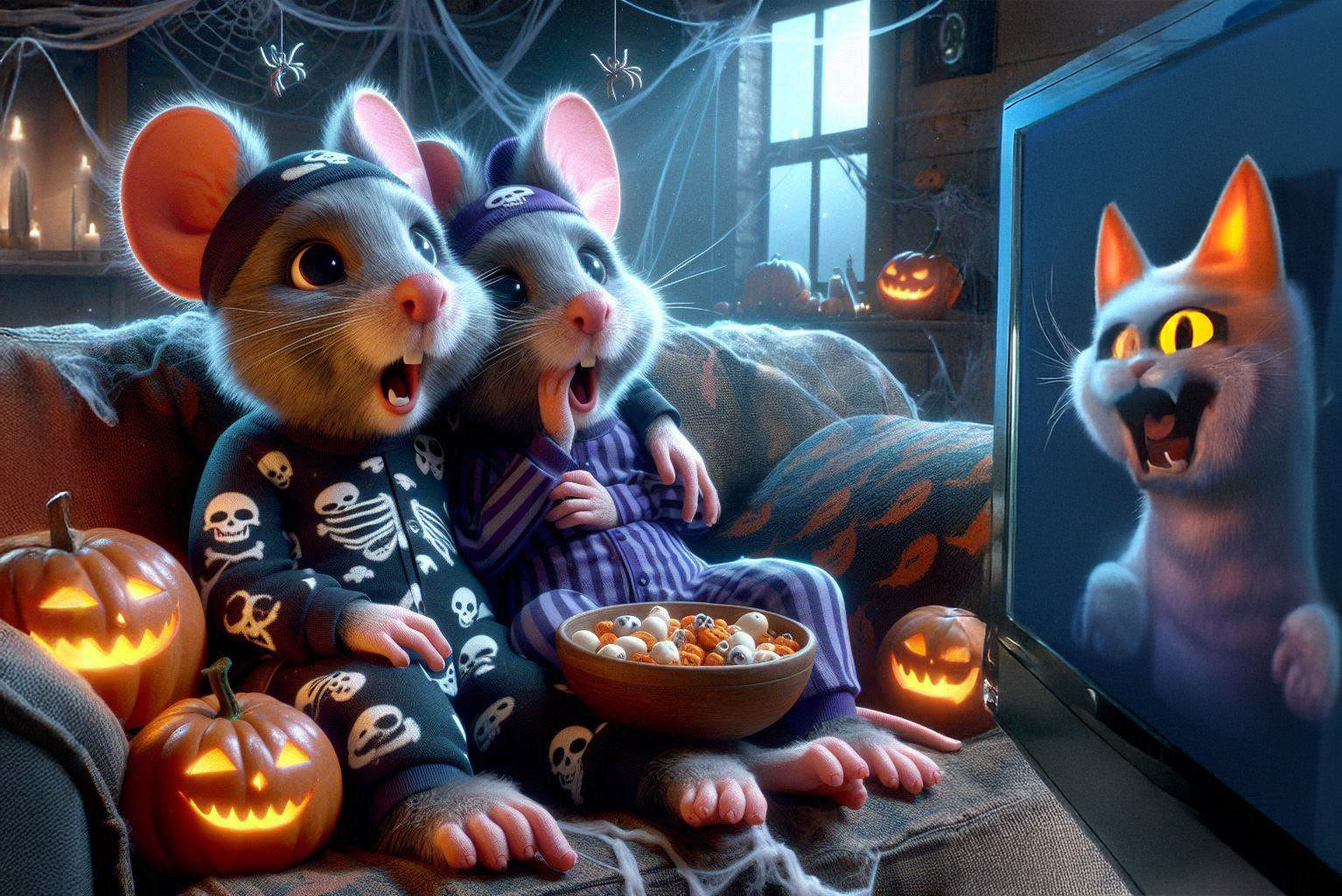 Cute Mice watching A Halloween Scary Movie!
