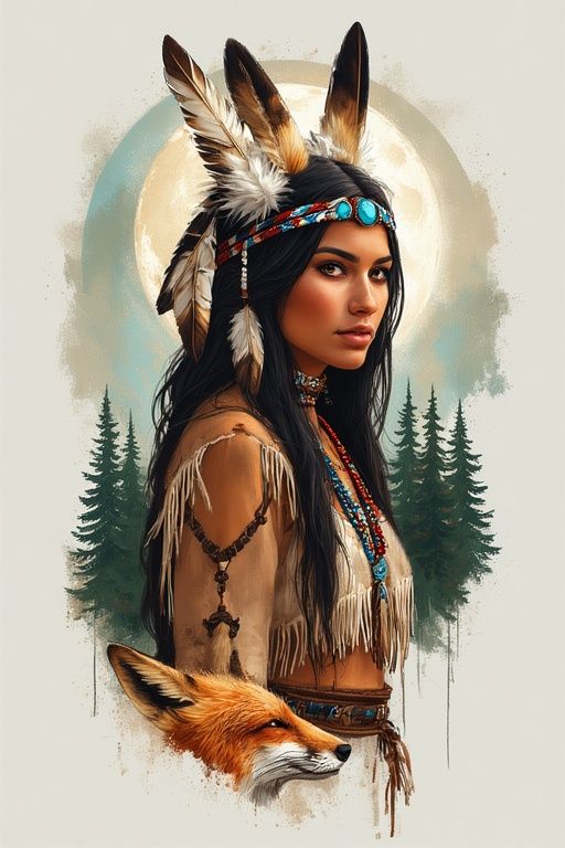 A double silhouette of a native American female shaman with ...