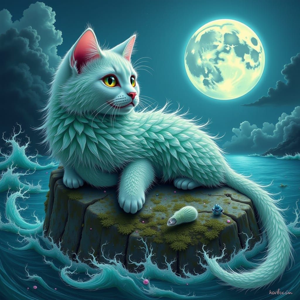 Whiskered feline with turquoise, iridescent scales, lounging on a mossy ocean rock, surrounded by soft seaweed, under a full moon's gentle g...