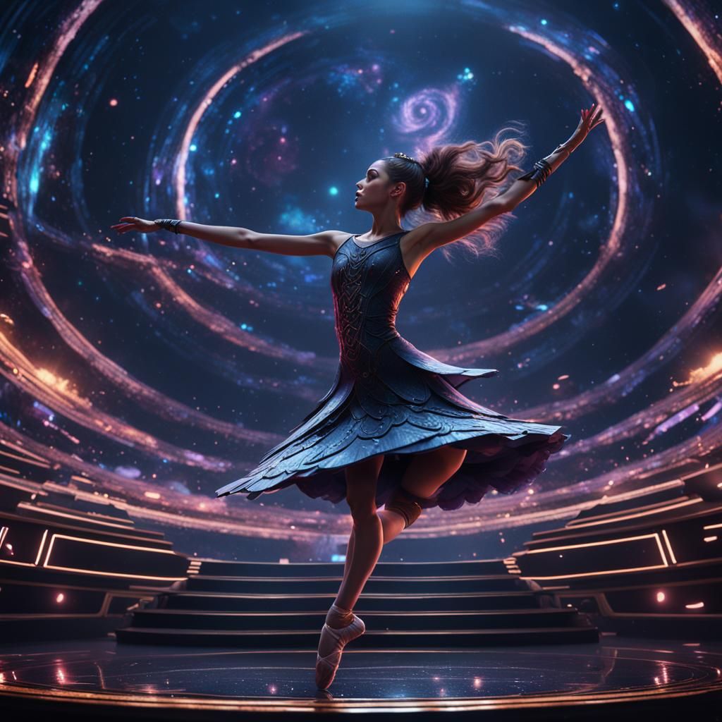 Dark synth ballerina on a swirling galactic stage detailed m...