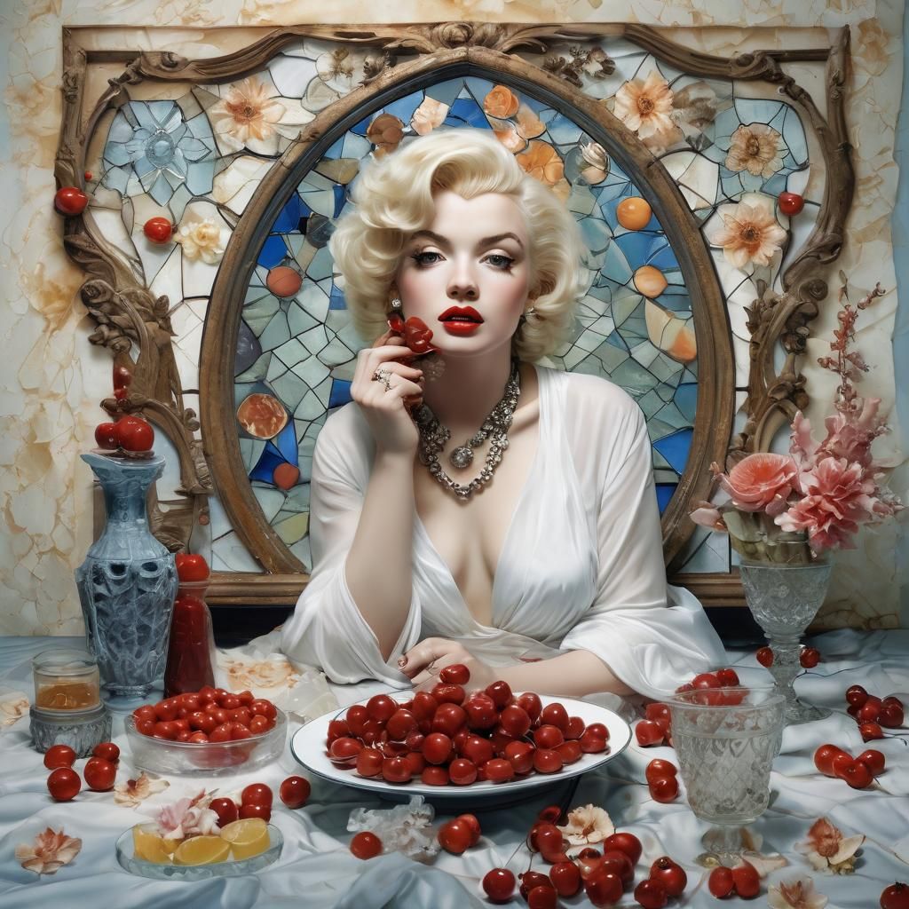 Still Life with Portrait Marilyn Monroe Eating Cherries, Cry...
