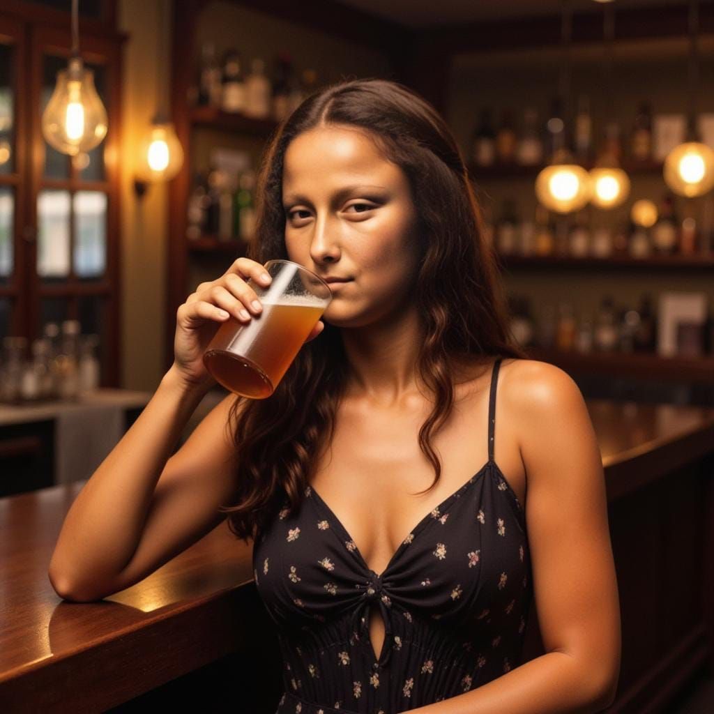 Intimate Bar Moments: Mona Lisa Enjoying a Drink