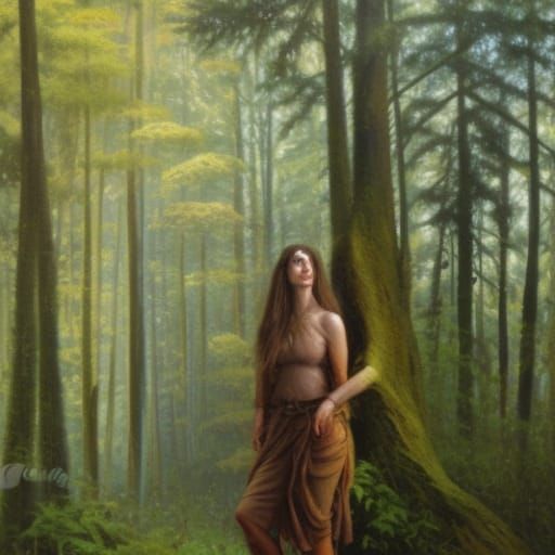 wild woman in ancient forest