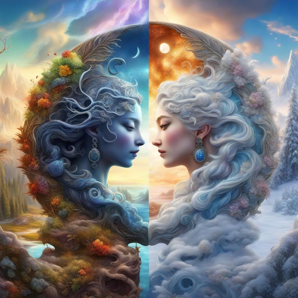 ying and yang of winter and summer season in the style of Josephine Wall