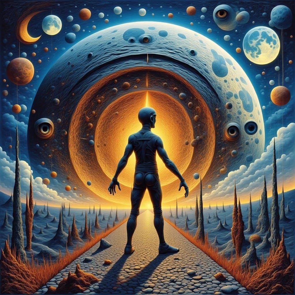 Surreal photography <lora:zz:2.5> . Medium shot. The moon hangs low in the sky, its surface distorted and rippling like water. Dutch angle....