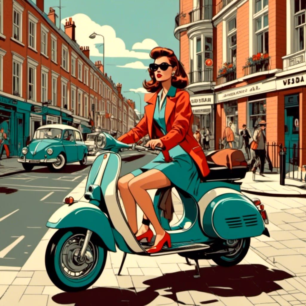 <lora:Mid century modern:1.0> A cool quirky mod girl, driving a vespa in a London street. high quality, high resolution, high detail, 16k,...