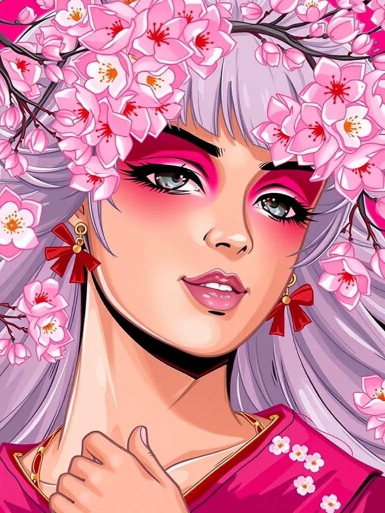 Japanese Woman in Cherry Blossoms, Woodblock Print Style