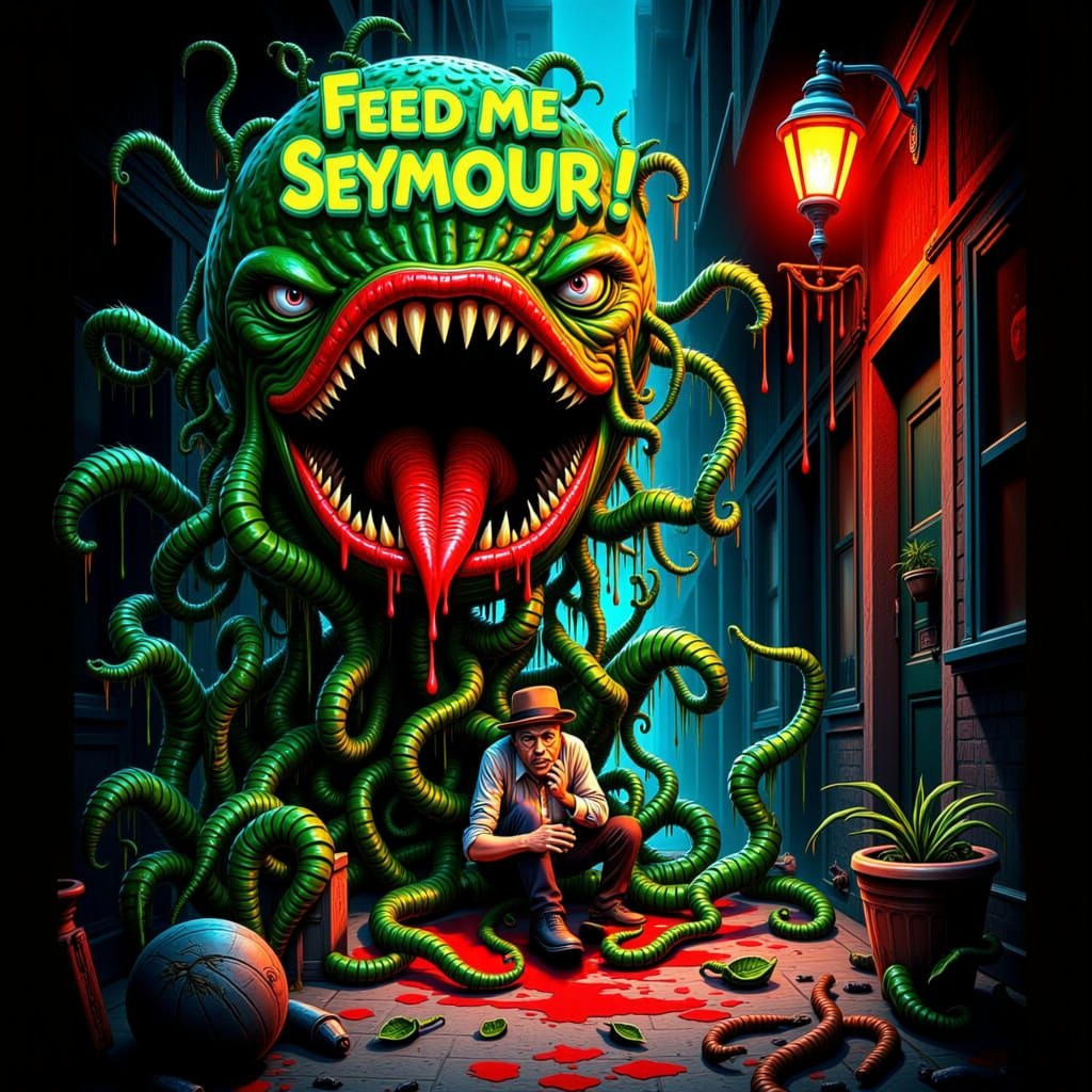 "Little Shop of Horror" Movie Poster Remake with The Piranha Plant Audrey II demanding "Feed Me Seymour!" <lora:LSH2:1.0>