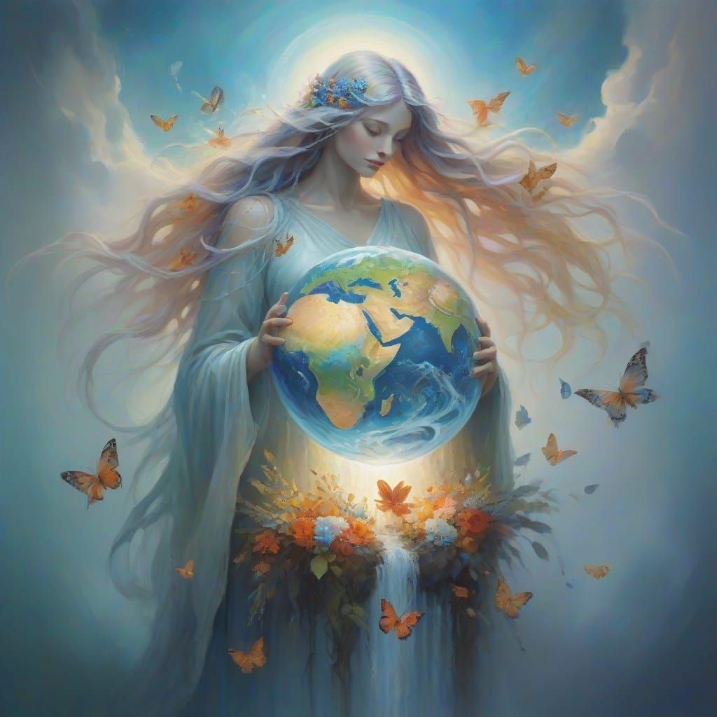Illuminated Mother Earth her  spectral ethereal, surreal  she is wearing white  her form cradling the ...  by @Sumikokeel