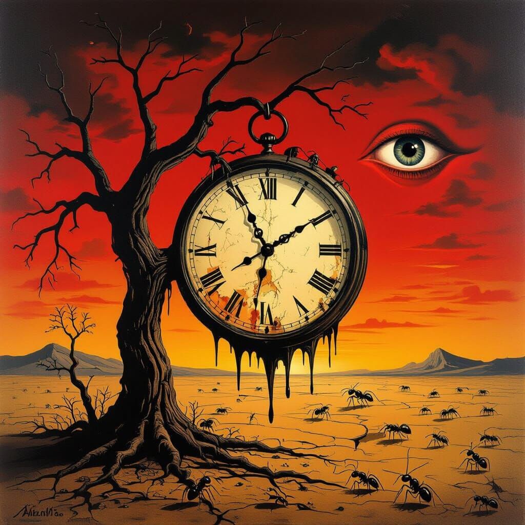 Surreal Melting Clock Landscape in Dali & Ernst Style