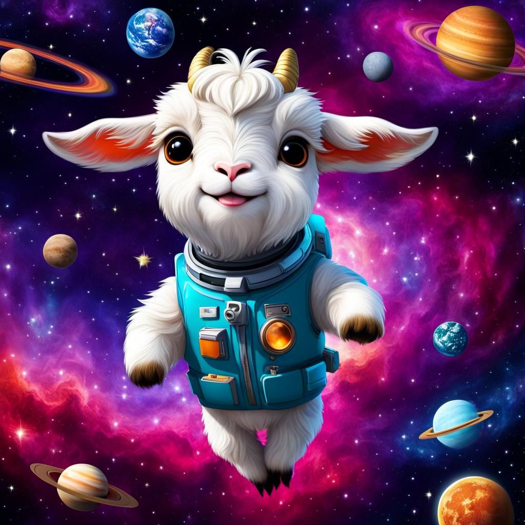  Whimsical chibi Floating goat in Space hilarious, colorful   by @HarrietM