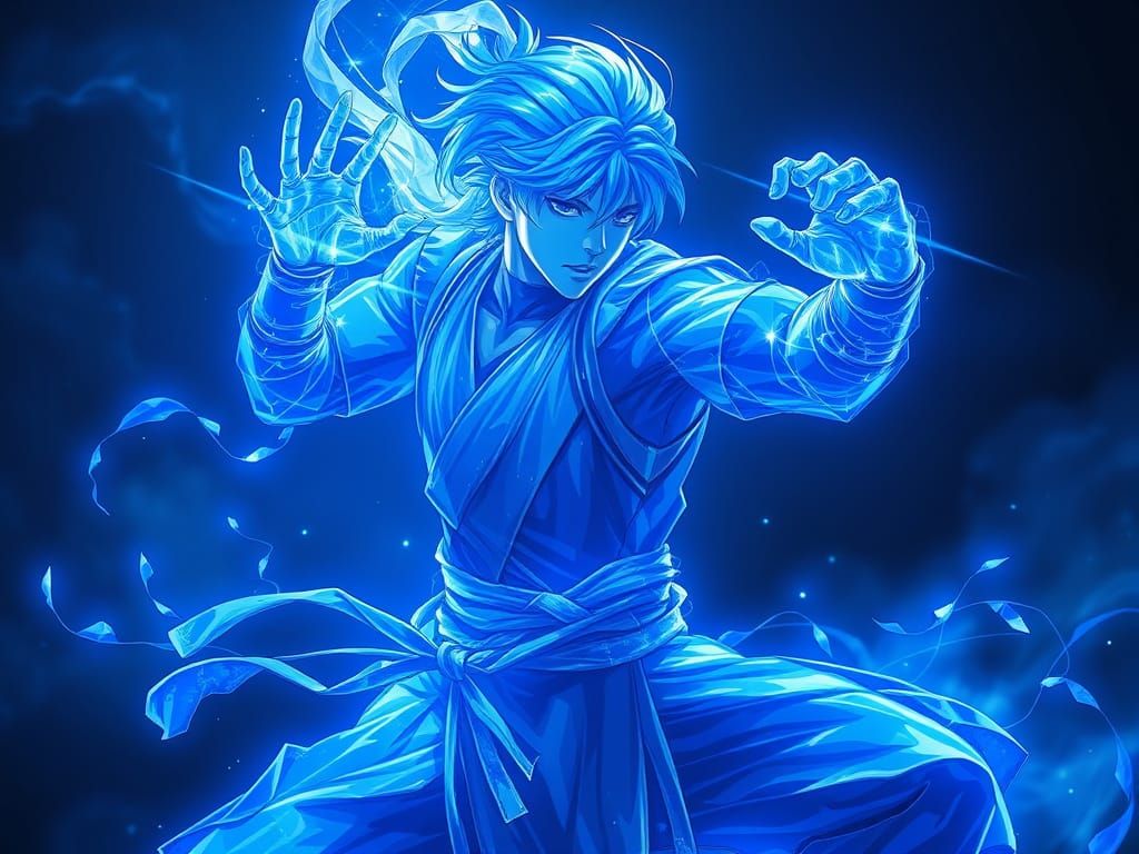An ethereal male martial artist made completely of blue energy, highly detailed character design, dreamlike, ...  by @Maids Are Life Maids are Justice