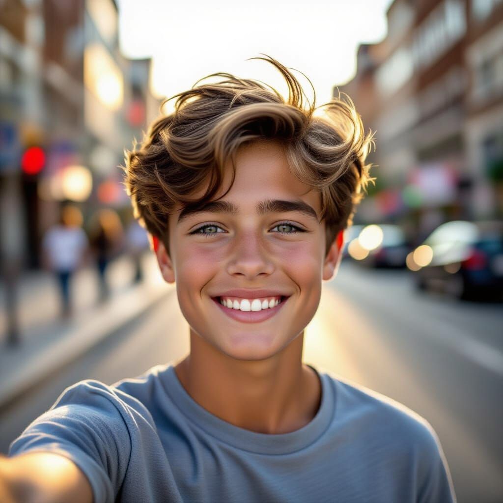 Handsome Boy Takes Selfie in Golden Hour City