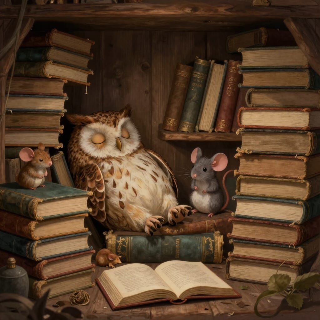 Sleepy wood critters in a book nook  by @Chris Stagg